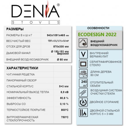 Печь-камин Denia Panoramic + Stove Bench Амазонка бай фото в Витебске