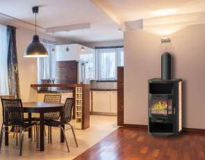 Недорогой стальной камин со стеклом Мета-Бел Ангара фото в интерьере в Витебске