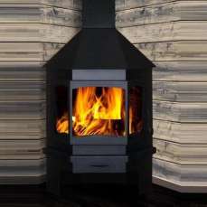 Стальной камин Бавария Мюнхен со стеклом угловой чёрный (без перемычки) фото в интерьере в Витебске