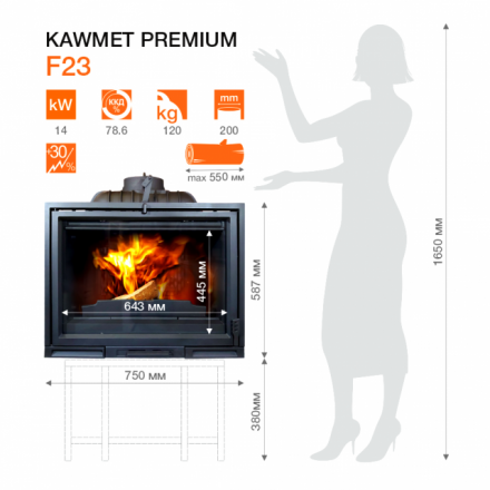 Каминная топка Kawmet Premium F23 (14 кВт) в Витебске