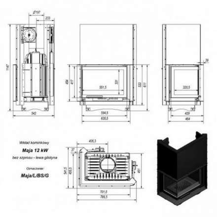 Каминная топка Kratki Maja/L/BS/G (угловое стекло слева, гильотина) в Витебске