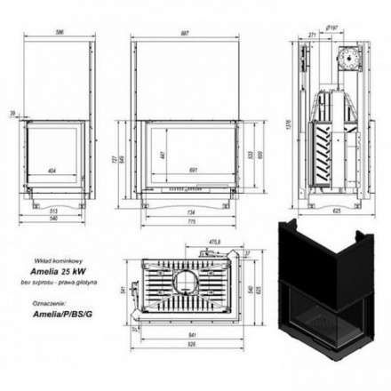 Каминная топка Kratki Amelia/P/BS/G (угловое стекло справа, гильотина) в Витебске